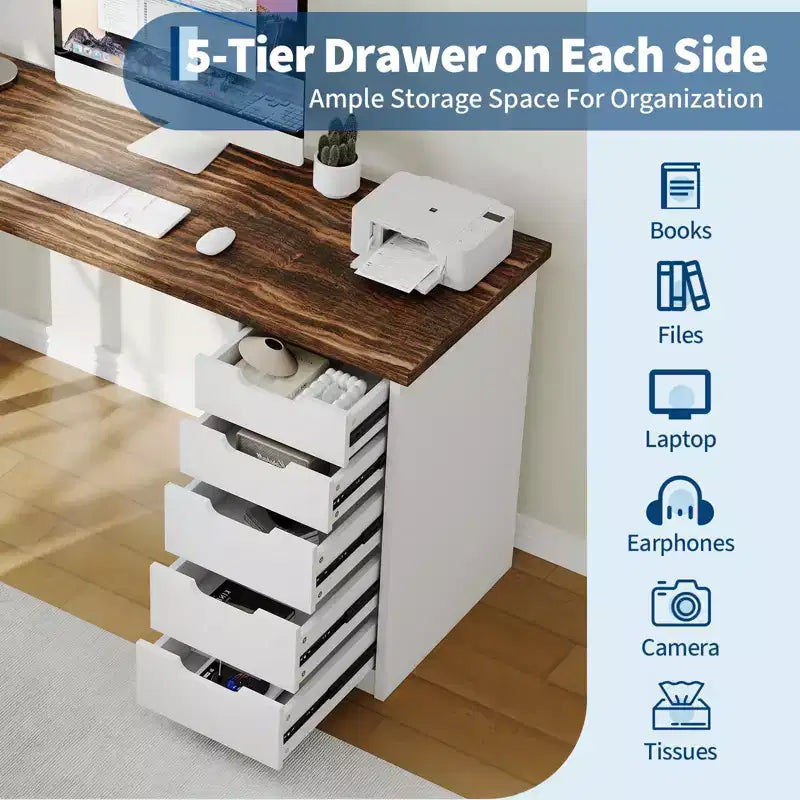 Bureau d’ordinateur de 47 pouces avec 5 tiroirs de rangement, table d’étude et d’écriture réversible au style rustique moderne, poste de travail pour bureau à domicile et petits espaces