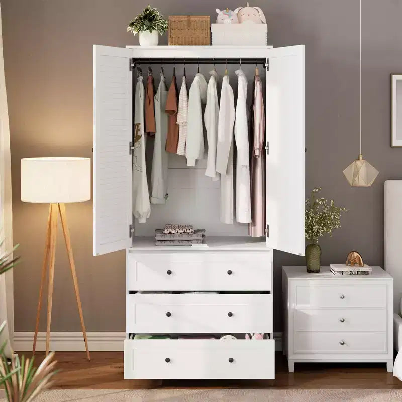Armoire COZONY avec 3 tiroirs et 2 portes, armoire moderne en bois pour chambre, armoire blanche autoportante robuste
