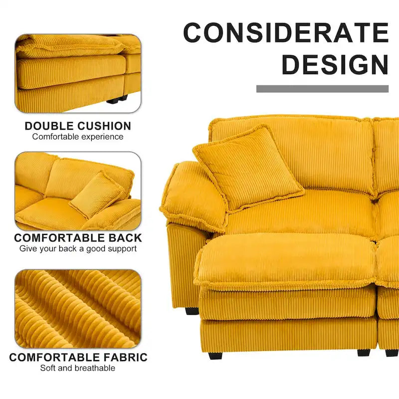 Modernes 2-Sitzer-Cordsofa mit 4 Stützkissen und 2 Hockern