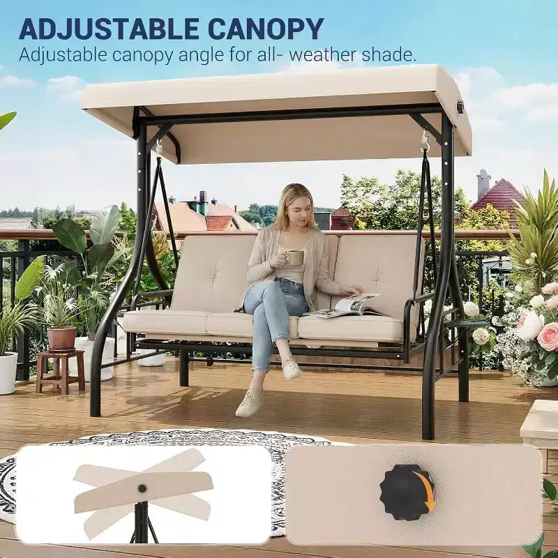 Sedia a dondolo da esterno trasformabile 2 in 1 a 3 posti con tettuccio regolabile, letto a dondolo da patio con struttura, cuscini spessi e portabicchieri, per cortile, giardino e veranda
