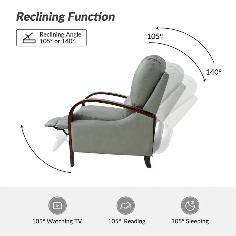 Alex handmatige relaxfauteuil van echt sigarenkleurig leer in mid-century moderne stijl, met gebogen houten armleuningen