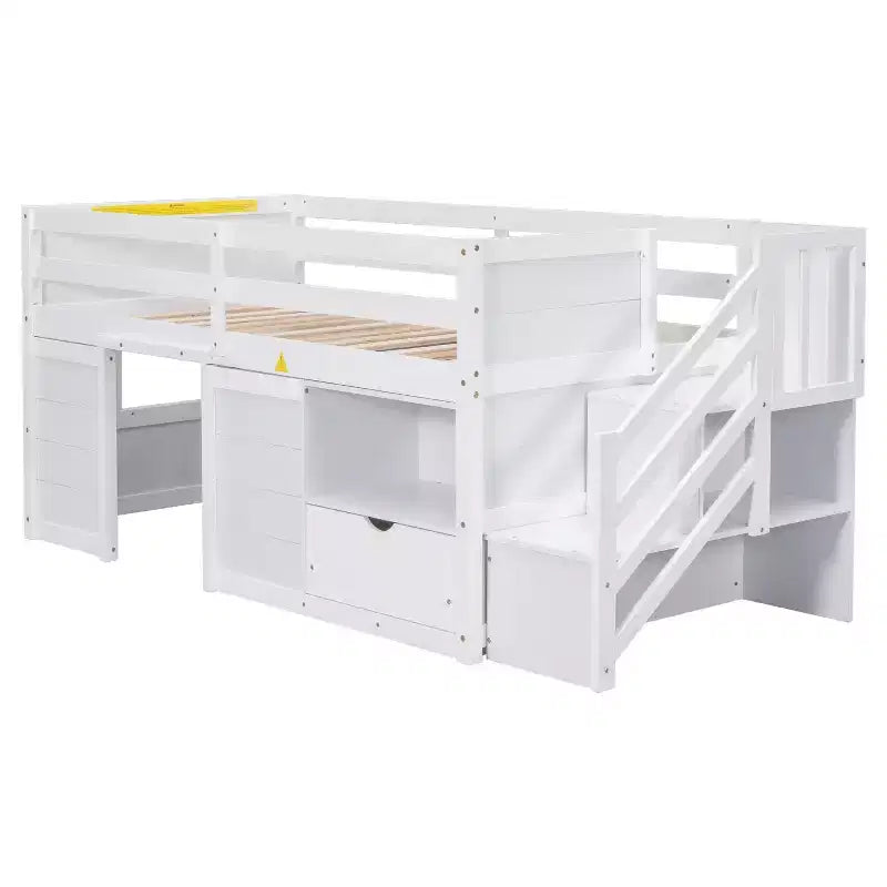 Lit mezzanine bas en bois massif, format simple, 94.6L x 42.3W, avec escalier, tiroir et étagère, design moderne et épuré