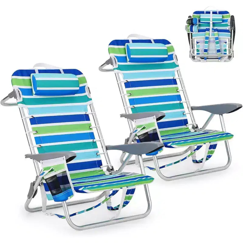 Set di 2 sedie da spiaggia leggere a zaino Acekool, reclinabili e pieghevoli in 5 posizioni, per adulti, con cinghie, portabicchiere e barra portasciugamano, supportano fino a 300 lbs