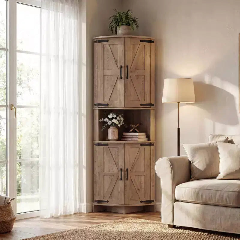 64.8 hohe Eckvitrine mit Türen, brauner Eckschrank im Landhausstil, freistehender Eck-Vorratsschrank mit verstellbaren Einlegeböden