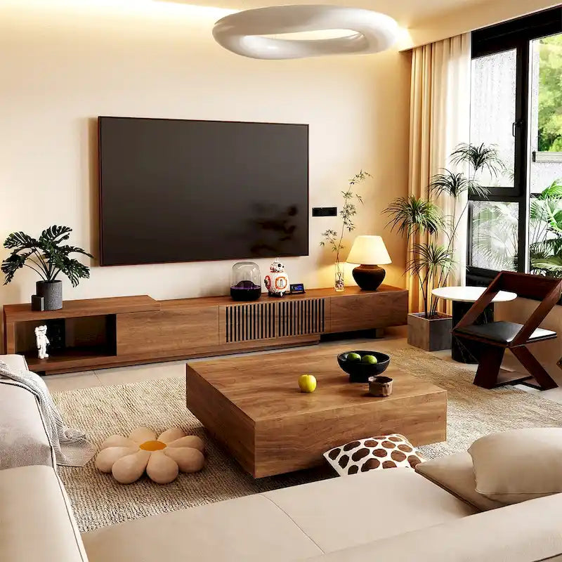 Meuble TV moderne rétractable et extensible avec 4 tiroirs, jusqu’à 103 pouces - 78.54D x 15.74W x 13.78H