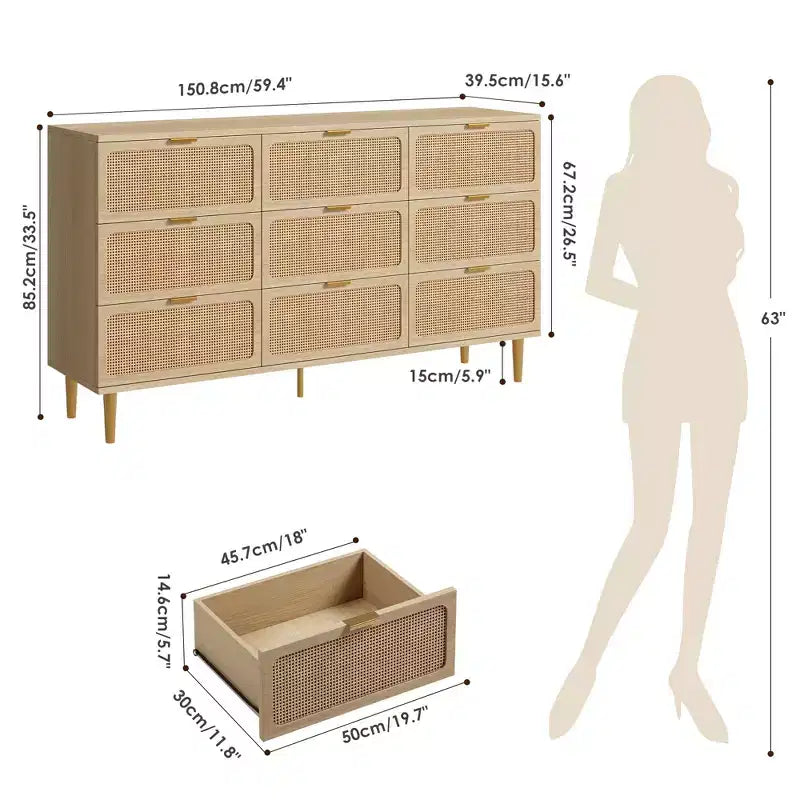 Rattan-Kommode für das Schlafzimmer, geräumige Schubladenschränke für den Kleiderschrank, geeignet für Wohnzimmer, Flur und Kinderzimmer.