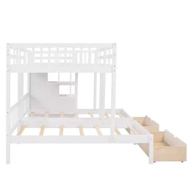 Lit superposé Whisen avec lit double au-dessus de deux lits simples, en bois, avec tiroirs et barrières de sécurité