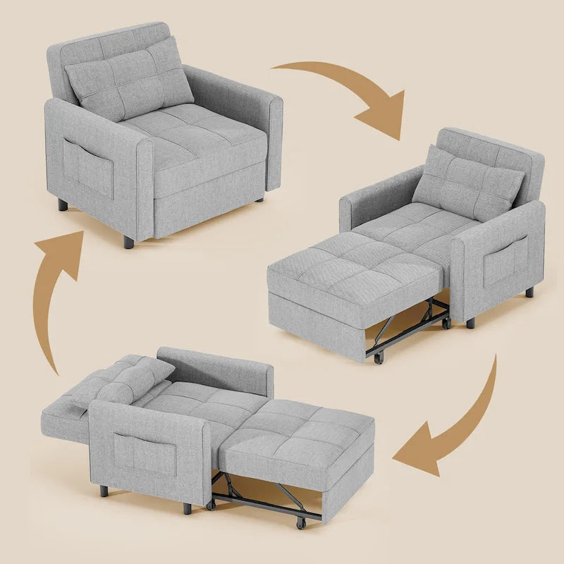Fauteuil convertible 3-en-1 avec lit escamotable, canapé lounge rembourré convertible, réglable et pliable