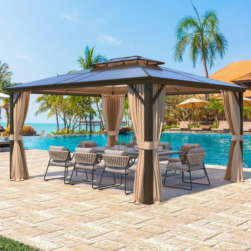 Gazebo EROMMY con tetto rigido, pergola da esterno con doppio tetto, rete e tende, copertura robusta per patio, giardino e feste in piscina
