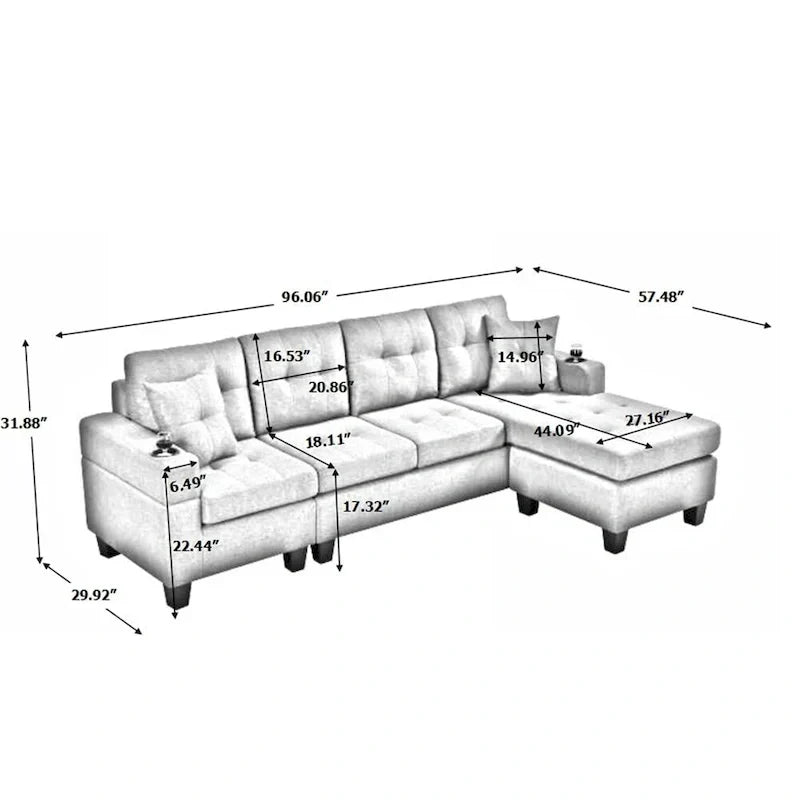 Canapé modulaire pour salon avec méridienne en forme de L et porte-gobelet