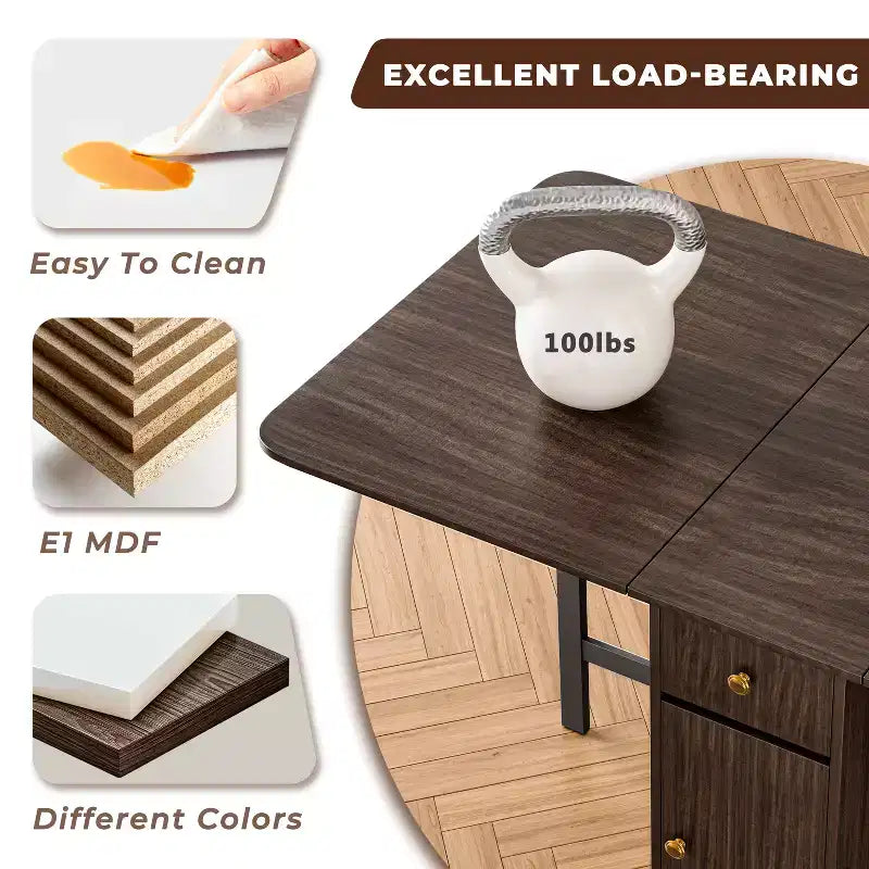 ATJafurn 59' inklapbare eettafel met uitklapbare bladen voor kleine ruimtes, rechthoekige uitschuifbare houten keukentafel met wielen en opbergruimte