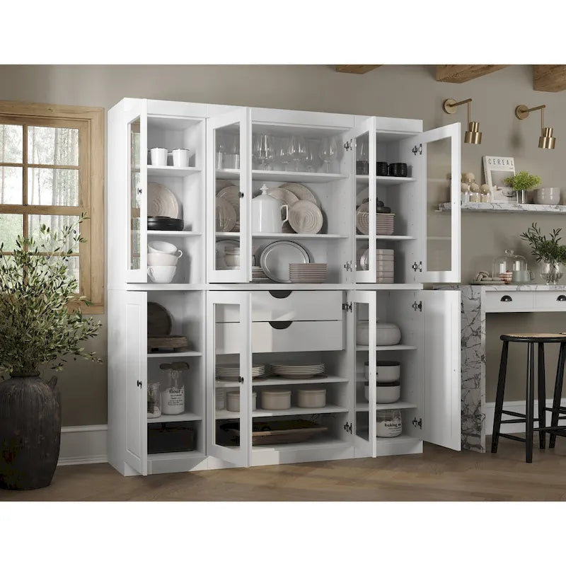 Credenza dispensa da cucina in legno massello al 100%, con ante in vetro o legno massello e kit con 2 cassetti, 65 x 71.5