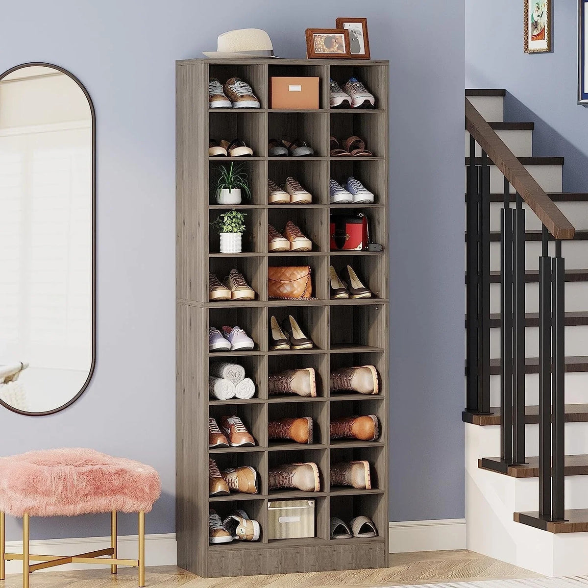 Meuble à chaussures haut pour 30 paires, meuble de rangement à 10 niveaux en bois blanc pour placard et entrée - 10 niveaux