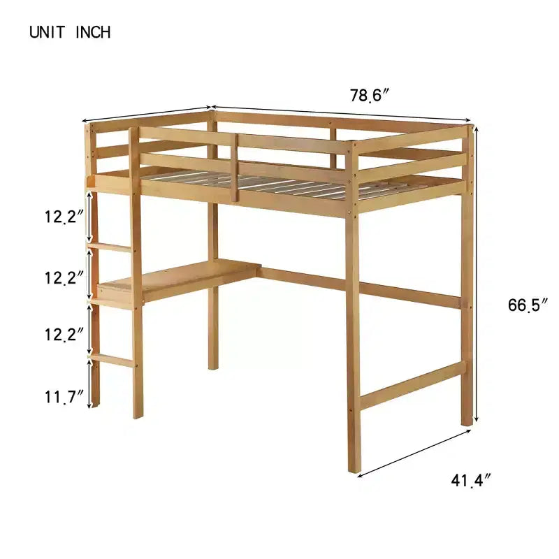 Okak minimalistisch hoogslaper met ladder, hoogslaper van rubberhout voor één persoon met veiligheidsreling en ingebouwd bureau, bedframes voor kinderen en tieners