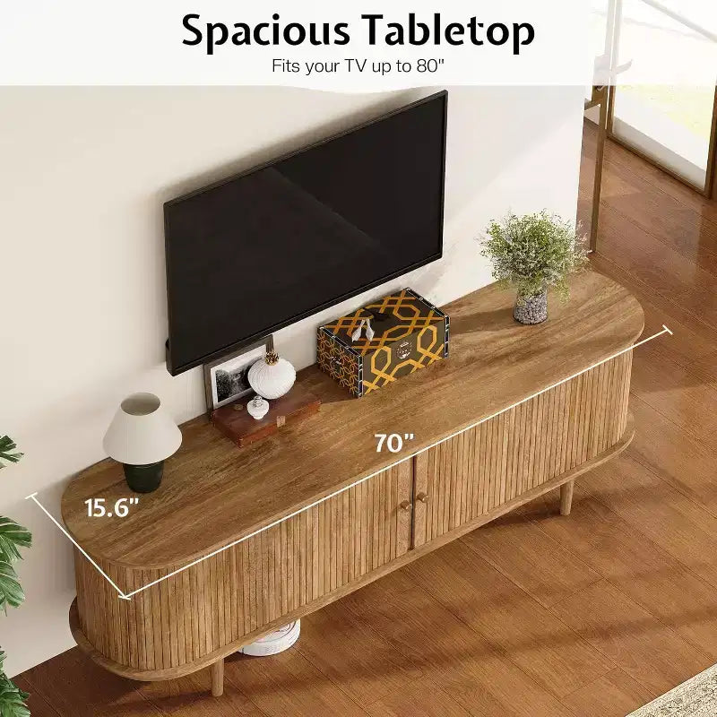 AMERLIFE 70-Zoll-TV-Ständer mit Massivholzbeinen, moderne TV-Konsole im Mid-Century-Stil mit Lamellentür
