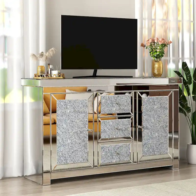 Buffet d’appoint glamour à miroir et motif de diamants, 3 tiroirs