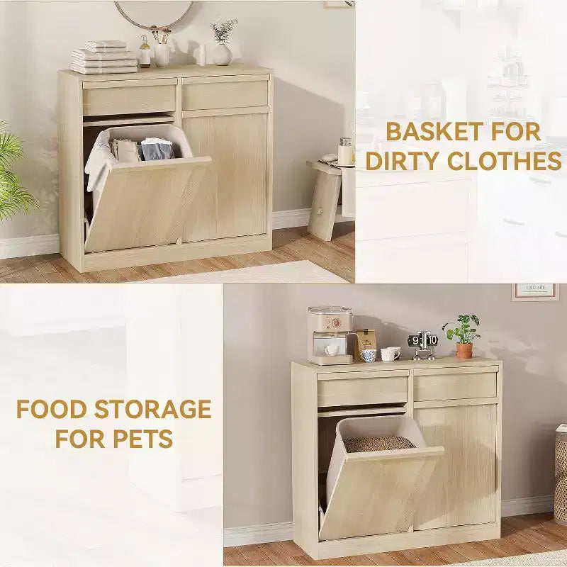 Pattumiera ribaltabile in rovere naturale, con vano contenitore e cassetto, mobile copripattumiera, cesto portabiancheria per cucina, sala da pranzo e soggiorno
