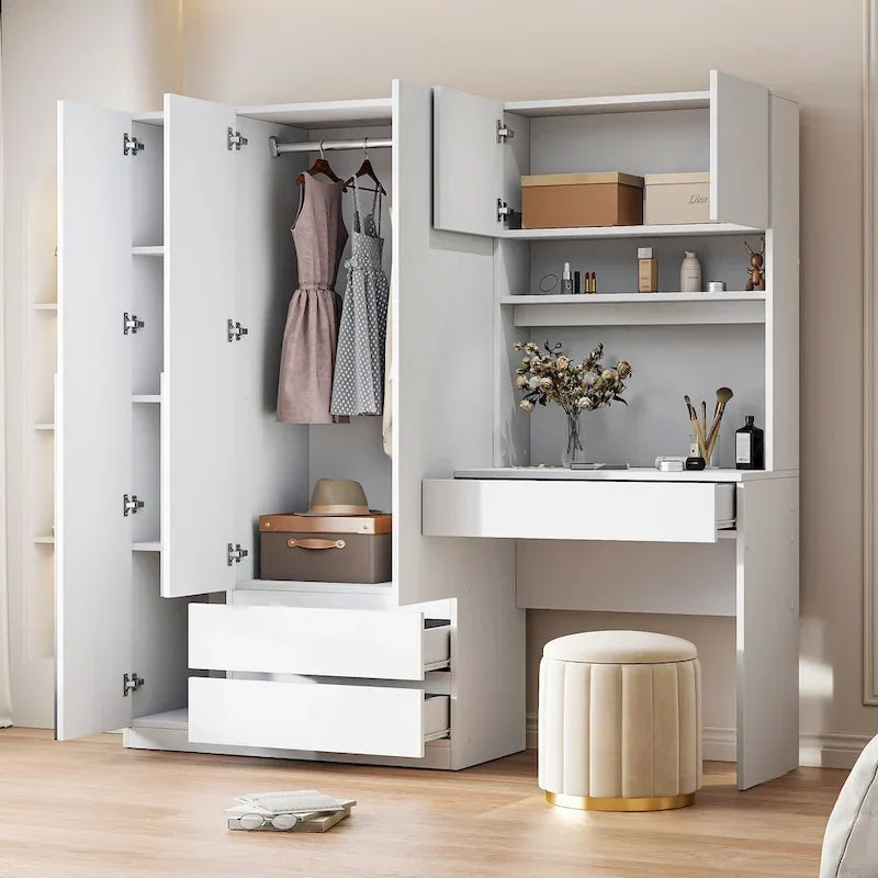 Armoire 3-en-1 avec coiffeuse et bureau, armoire de chambre avec 2 tiroirs et 3 portes de rangement