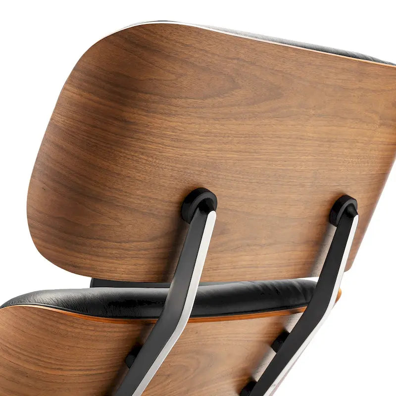 Fauteuil lounge d’appoint Furgle en cuir véritable avec pouf, bois de noyer