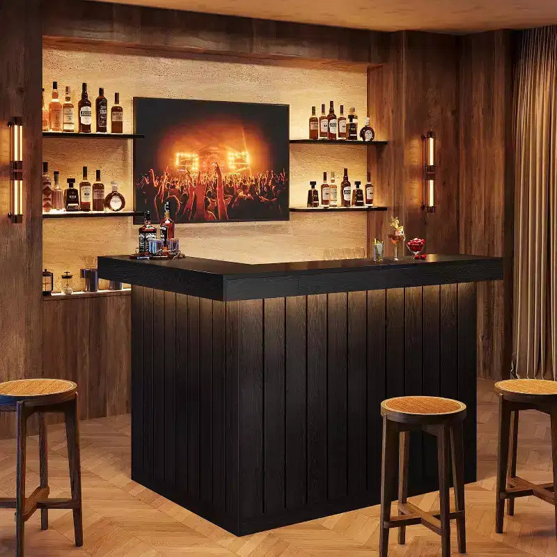 Bancone bar angolare a L Lantine per la casa, mobile da bar ad angolo a 4 ripiani con mensole e portabicchieri da vino per pub domestico