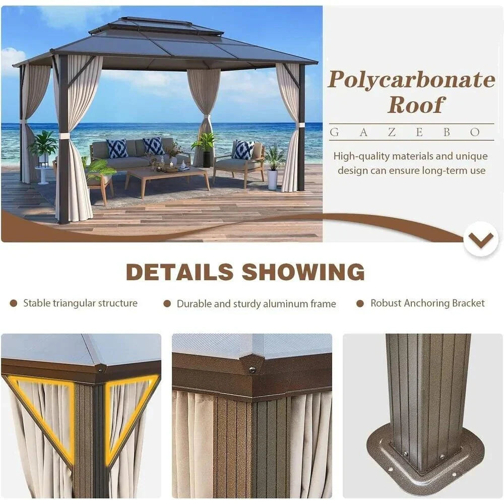 Gazebo EROMMY con tetto rigido, pergola da esterno con doppio tetto, rete e tende, copertura robusta per patio, giardino e feste in piscina