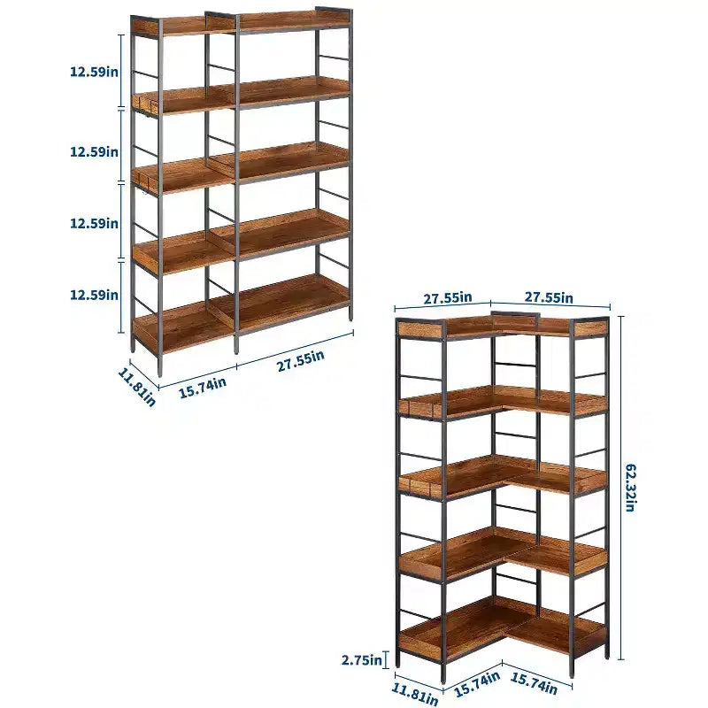 5-stufiges Eckbücherregal in L-Form, industrielles Bücherregal aus Holz und Metall, 65 (Rustikales Braun), beidseitig nutzbarer Stauraum für Wohnzimmer, Schlafzimmer und Heimbüro