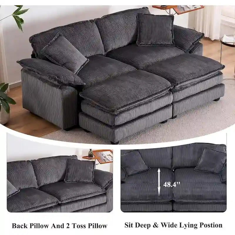 Modernes 2-Sitzer-Cordsofa mit 4 Stützkissen und 2 Hockern