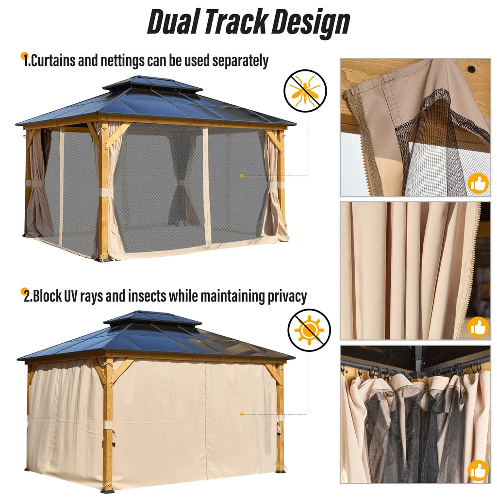 Gazebo EROMMY con tetto rigido, pergola da esterno con doppio tetto, rete e tende, copertura robusta per patio, giardino e feste in piscina