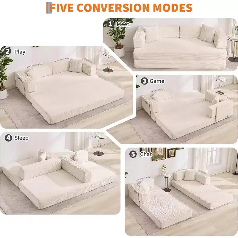 5-in-1 slaapbank, modulaire corduroy slaapbank van 78.8 met stevig frame, multifunctionele futon voor kleine ruimtes, woonkamer en logeerkamer