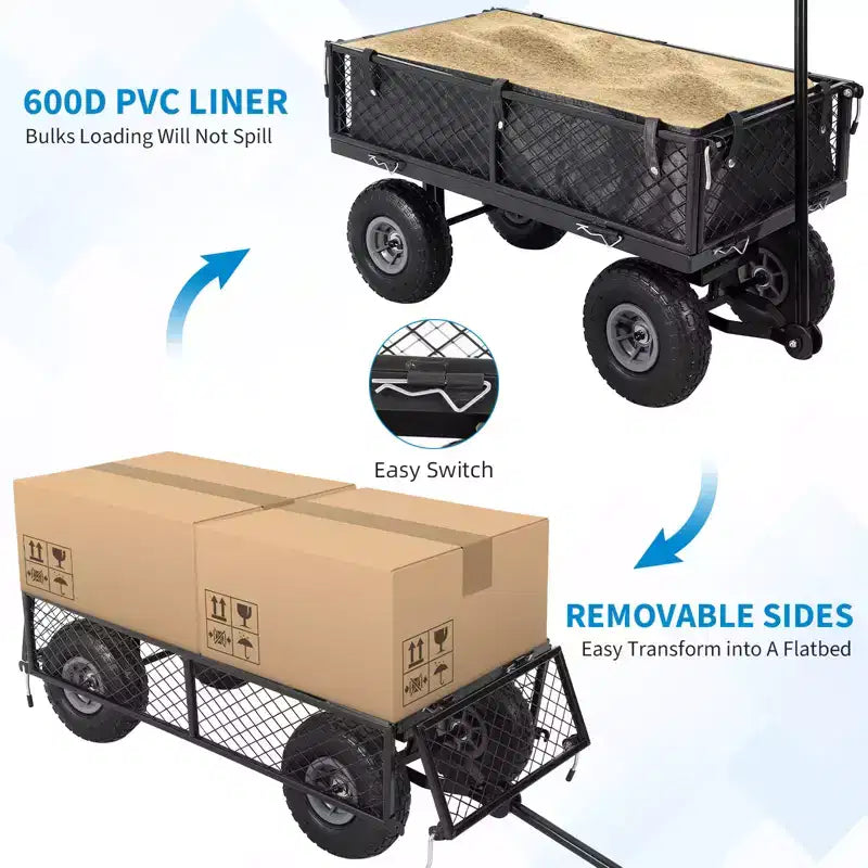 Robuster Stahl-Gartenwagen, 500 Lbs, klappbarer Transportwagen mit abnehmbaren Netzseiten und Einlage, 10 Luftreifen, Zuggriff