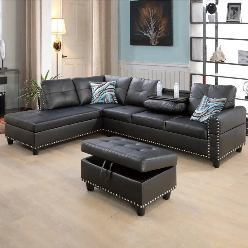 Set di divani moderno nero da 3 pezzi in similpelle e pelle sintetica: stile elegante per il soggiorno