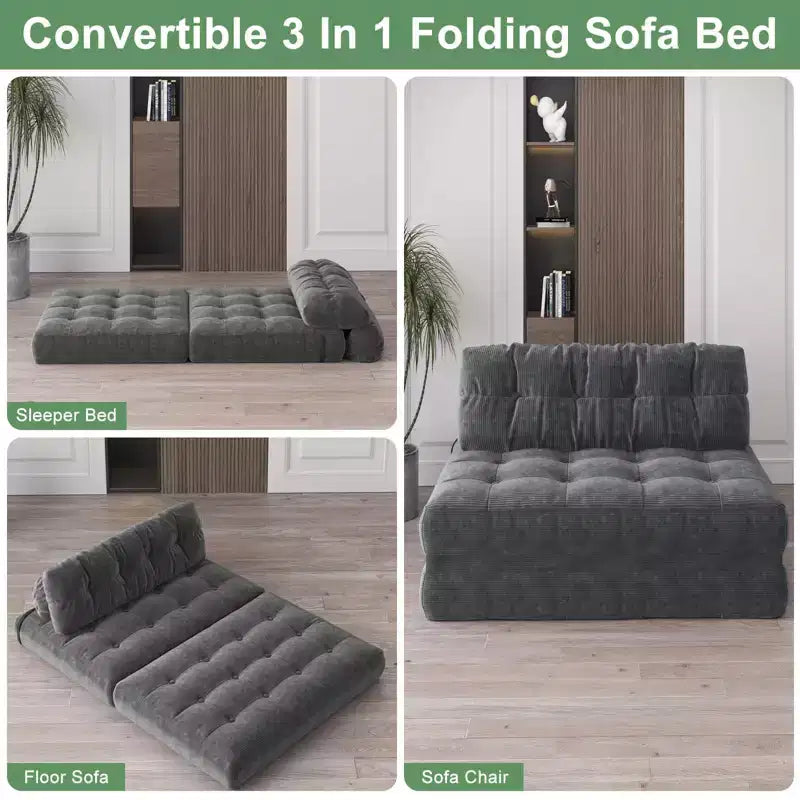 Futon pliant convertible en lit, format deux places, en velours côtelé, fauteuil-lit de sol avec coussin et soutien dorsal