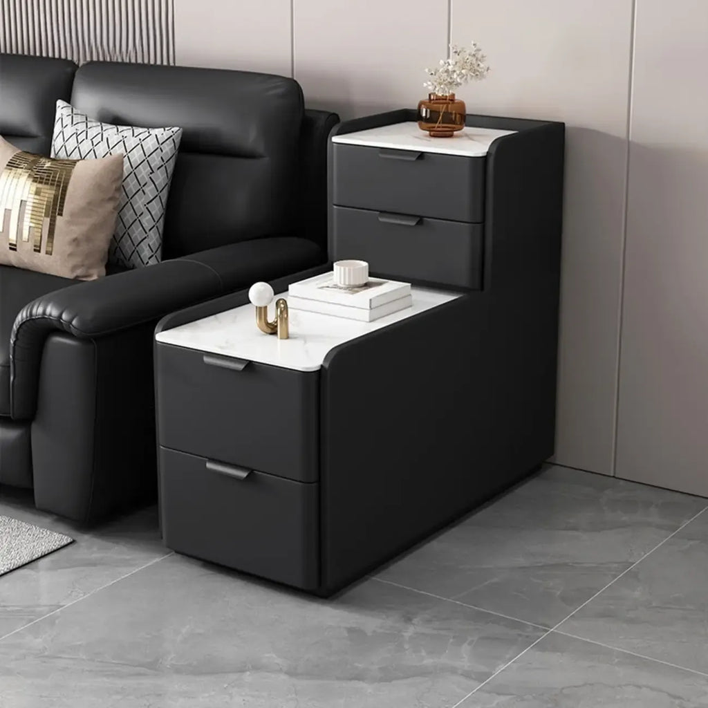 Hoher Sofa-Beistelltisch in L-Form aus Holz mit Steinplatte und 4 Schubladen