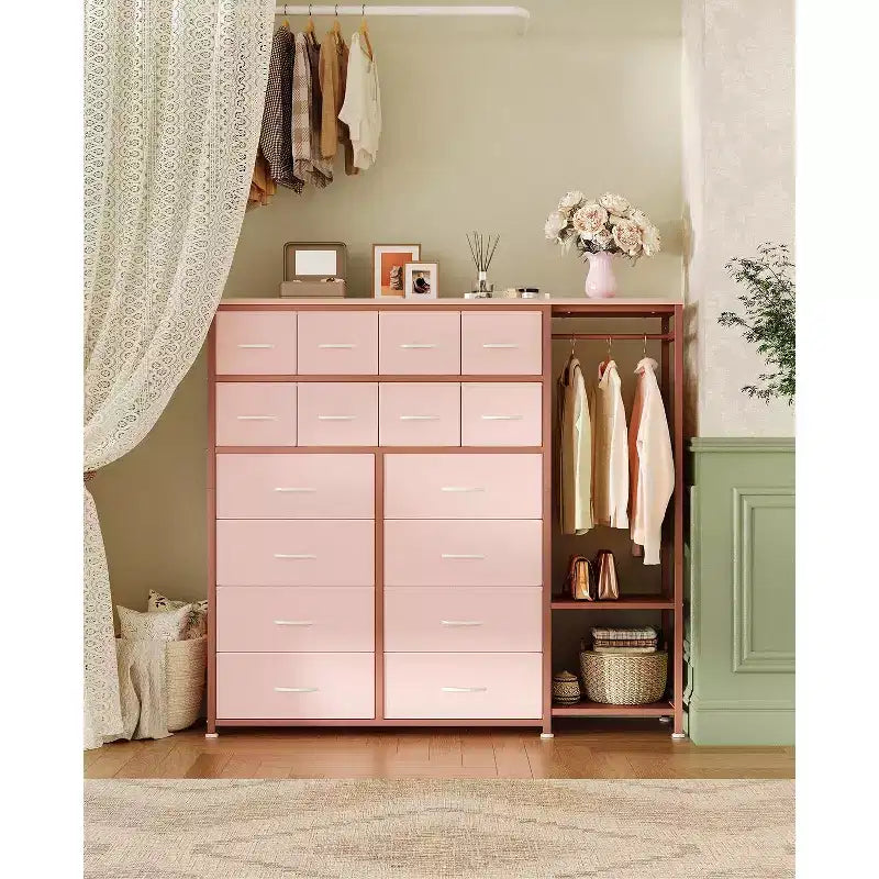 Commode avec 16 tiroirs, tringle de penderie et étagères, organisateur de rangement en tissu pour chambre, placard ou entrée