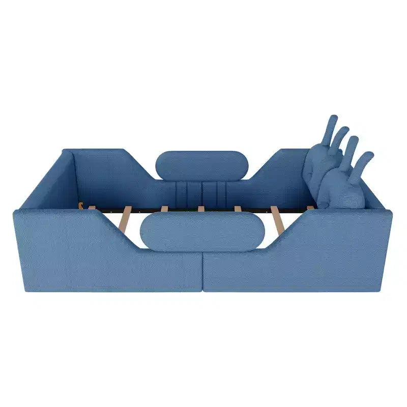 Lit plateforme simple Whisen, cadre de lit rembourré pour enfant au ras du sol avec coussin lapin et barrières latérales amovibles