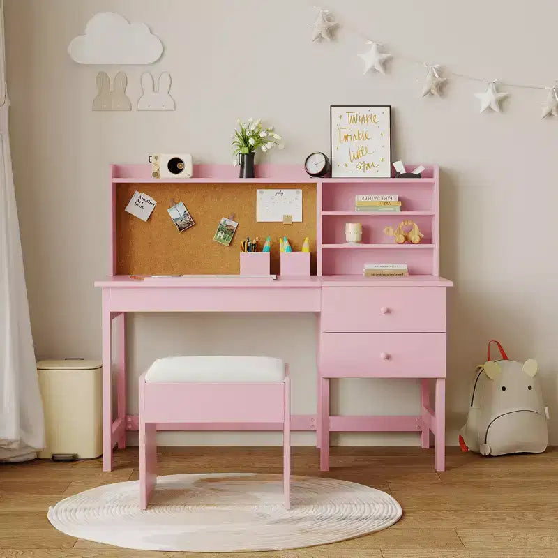 Schreibtisch- und Stuhlset für Kinder, hölzerner Lerntisch mit verstellbarer, neigbarer Tischplatte, Schubladen und Korktafel - Lernschreibtisch-Set für Kinder