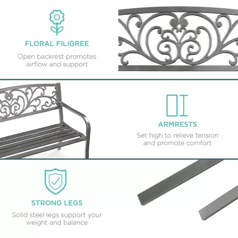 Best Choice Products Gartenbank aus Stahl für Terrasse und Veranda mit floral gestaltetem Rückenteil