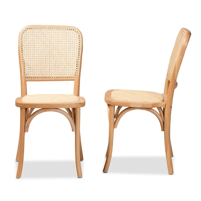 Neah, set di 2 sedie da pranzo moderne di metà secolo in legno e rattan intrecciato