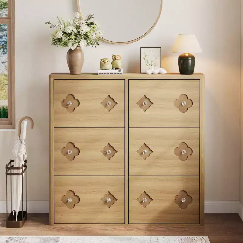 Meuble à chaussures en bois avec 6 tiroirs basculants, étagères réglables, motif floral, poignées en losange, rangement mince sur pied pour l’entrée