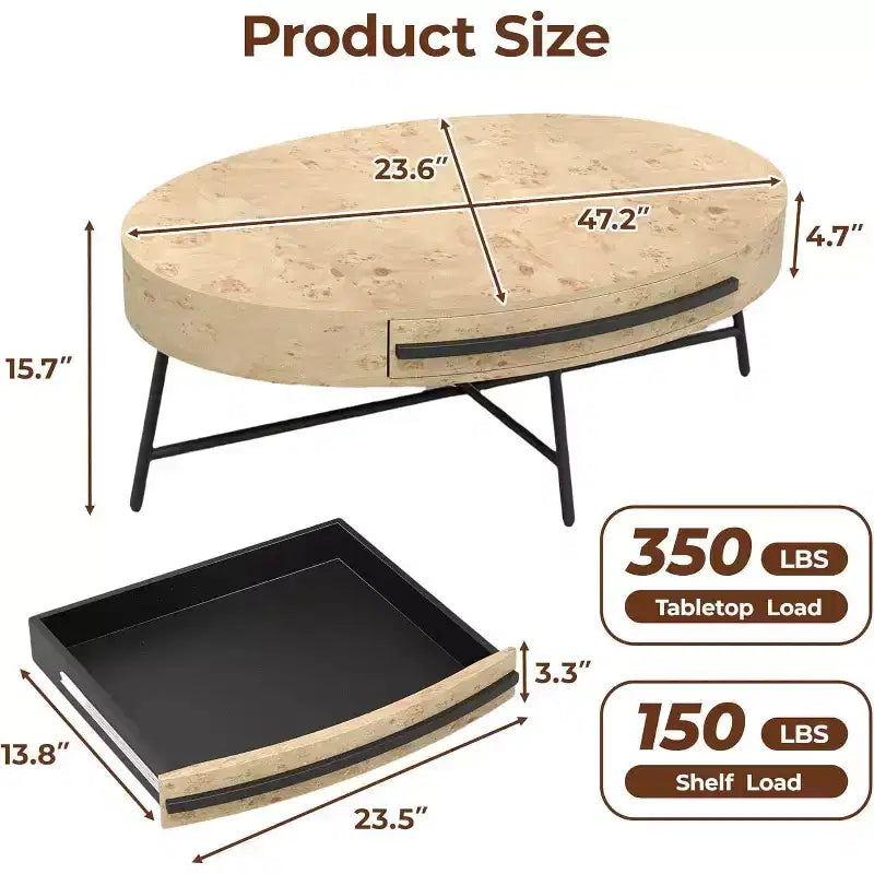 Table basse ovale Acekool avec tiroir, table de rangement en bois de 47.2 avec pieds croisés en métal, table centrale moderne du milieu du siècle en finition saule naturel et doré