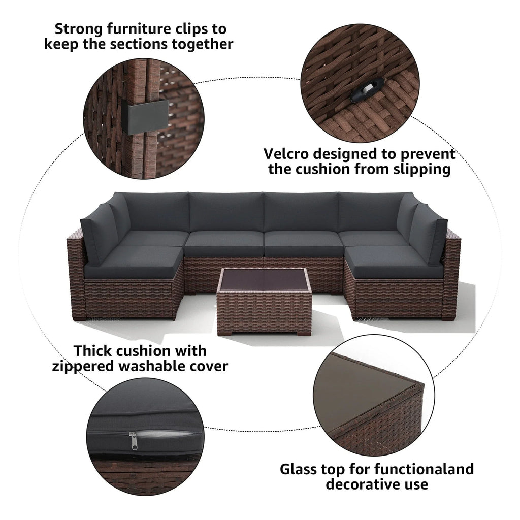 7-teiliges Outdoor-Ecksofaset aus Rattan und Stahl mit Kissen