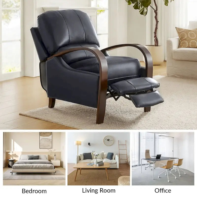 Alex handmatige relaxfauteuil van echt sigarenkleurig leer in mid-century moderne stijl, met gebogen houten armleuningen
