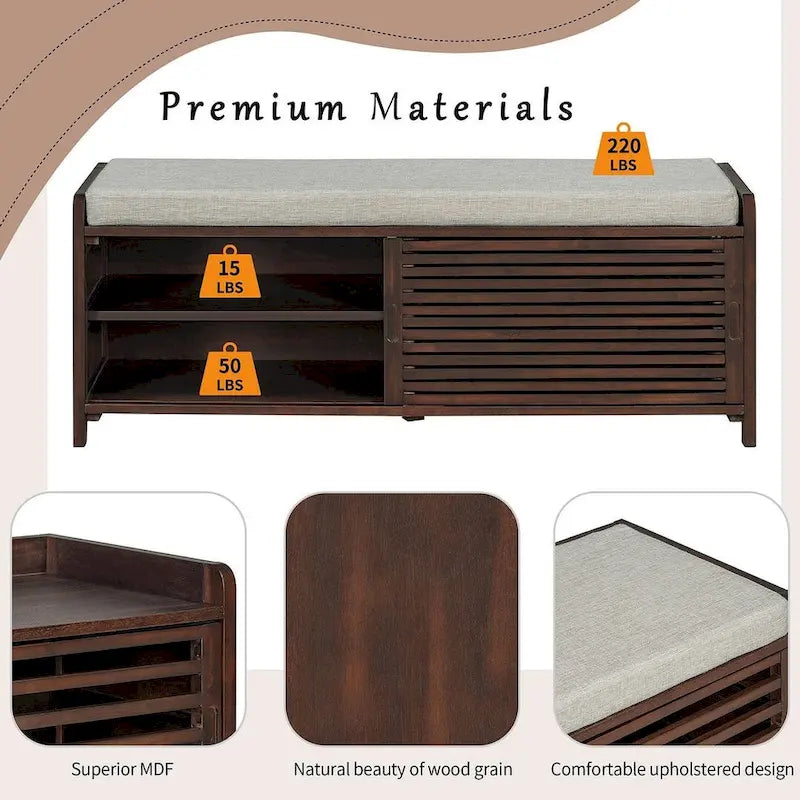 Banc de rangement en bois massif de 43.30 pouces avec persiennes vieillies contemporaines