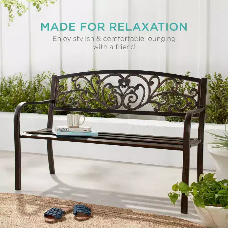 Best Choice Products Gartenbank aus Stahl für Terrasse und Veranda mit floral gestaltetem Rückenteil