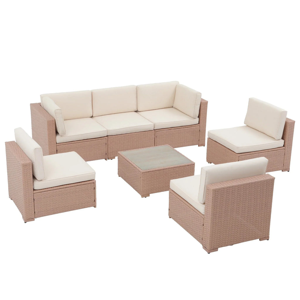 7-teiliges Outdoor-Ecksofaset aus Rattan und Stahl mit Kissen