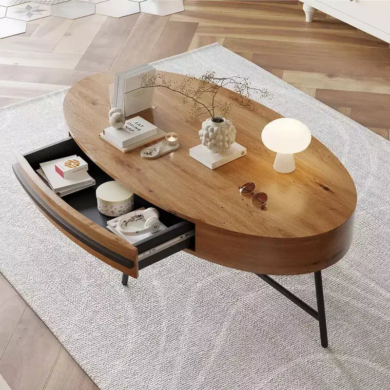 Ovaler Couchtisch mit Schublade, Mid-Century-Modern-Beistelltisch, 47.2, Couchtisch aus Holz mit Stauraum und gekreuzten Metallbeinen, geschwungenes Design