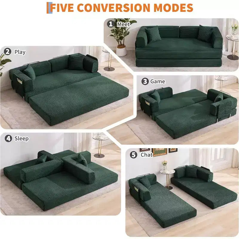 5-in-1 slaapbank, modulaire corduroy slaapbank van 78.8 met stevig frame, multifunctionele futon voor kleine ruimtes, woonkamer en logeerkamer