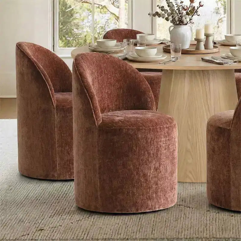 Moderne eethoek voor 6 personen, ronde eettafel met centrale voet, draaibare kuipstoelen op wieltjes, chenillestof met structuur - Panipeachy