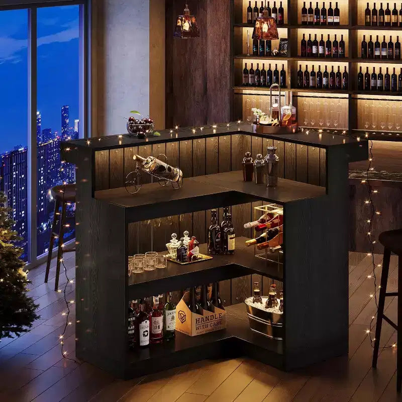 Bancone bar angolare a L Lantine per la casa, mobile da bar ad angolo a 4 ripiani con mensole e portabicchieri da vino per pub domestico