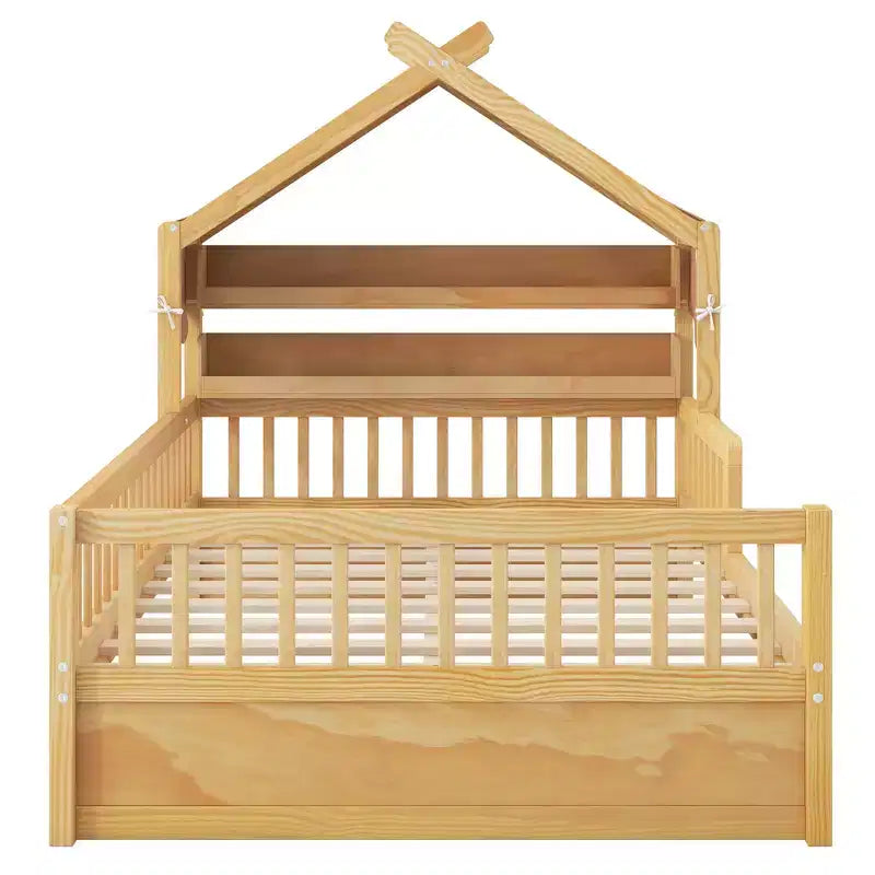 ModernLuxe houten huisbed in twin-/full-size met opbergvak in het hoofdbord, bedframe van massief grenenhout voor kinderen met veiligheidsleuningen